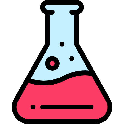 Icon of a chemistry flask with red bubbly liquid in it.