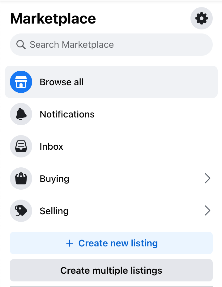 Screenshot of Facebook Marketplace navigation webpage with buttons for buying or selling.  