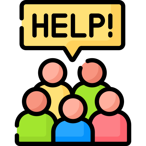 Icon of a group of five faceless people with a 'Help!' speach bubble above them