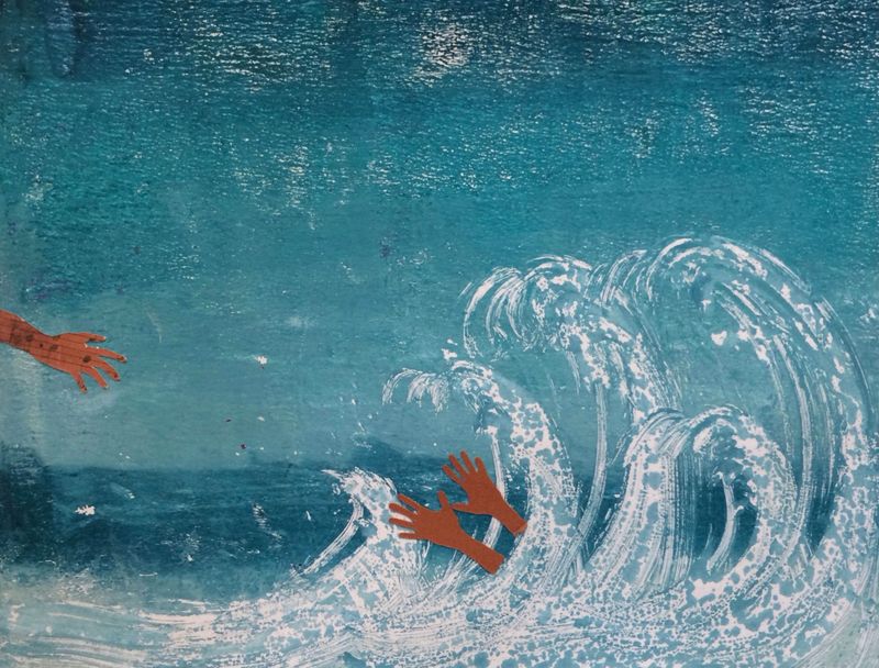 A painting of a hand reaching out to two other hands of a person that is beneath the waves in a sea.
