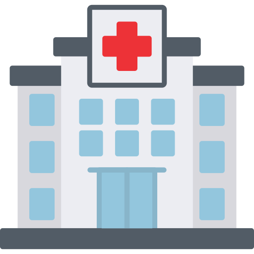 Flat icon of a hospital with a red cross