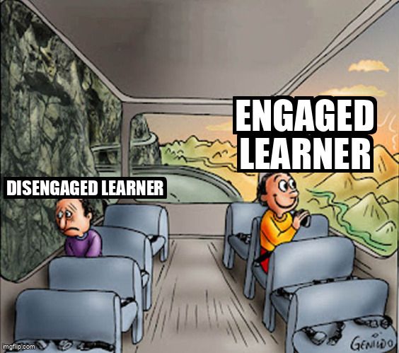 Cartoon meme of two kids on a bus. One is a happy engaged learner and the other is sad, disengaged learner.