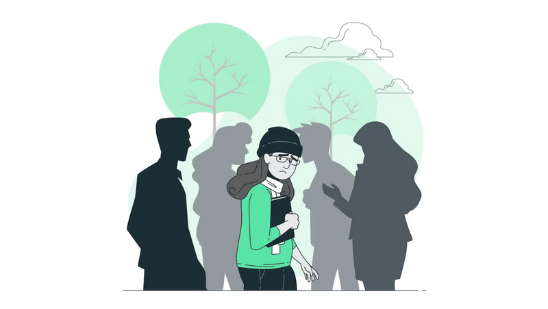 A feminine-presenting student with glasses on is carrying a book and avoiding social situations with a worried face outside.