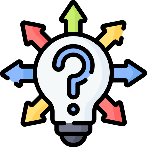 Question mark icon in a light bulb with arrows