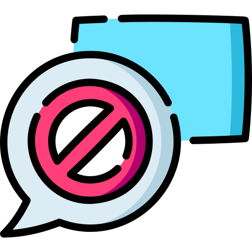Icon: Speech bubble with dark pink circle and slash across it, covering lower corner of a blue comment rectangle 