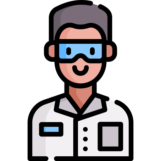 Icon of a male-presenting scientist with tan skin and dark hair wearing goggles and a lab coat.