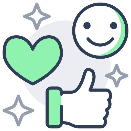 A thumbs-up, a heart, and a smiling face, symbolizing satisfaction.