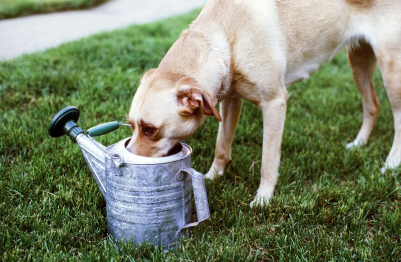 A dog drinking water from a metal water can sitting on lawn.