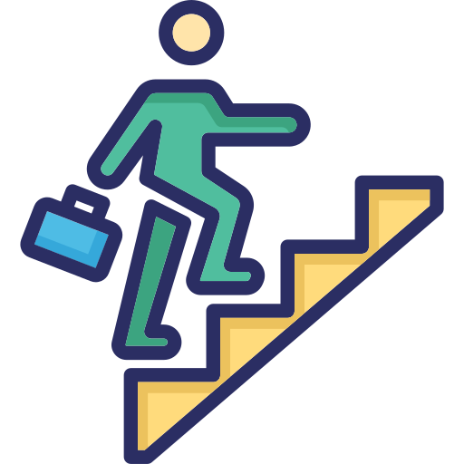 An icon of a person with a briefcase climbing a set of yellow stairs, symbolizing career advancement and personal growth