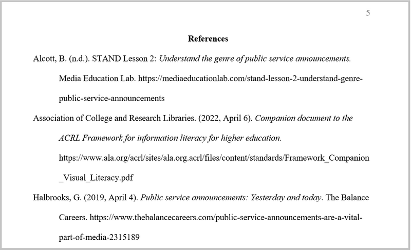 Three references formatted with APA 7 style (audio description below).