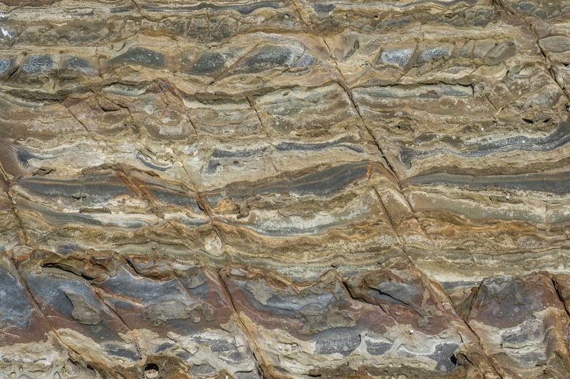 Close-up of layers of sedimentary rock in different shades of tan and brown. 