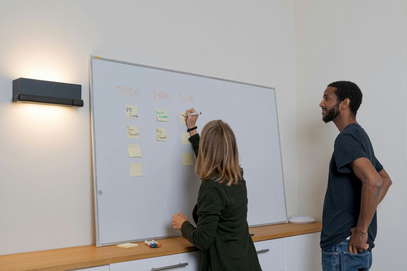Two people reviewing the DARE model thoroughly on a large whiteboard, discussing steps to make smart, independent decisions.
