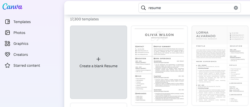 Search results showing resume templates on Canva.