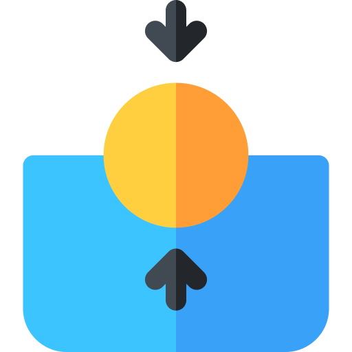 Flaticon Icon representation of buoyancy with a circle floating in blue water. Two arrows converge toward the circle.