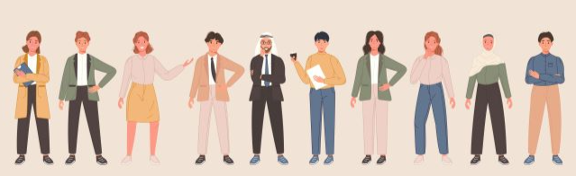 Illustration of a diverse group of people of different nationalities standing in different poses 