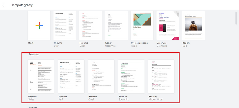 The resumes section in Google Docs template gallery.