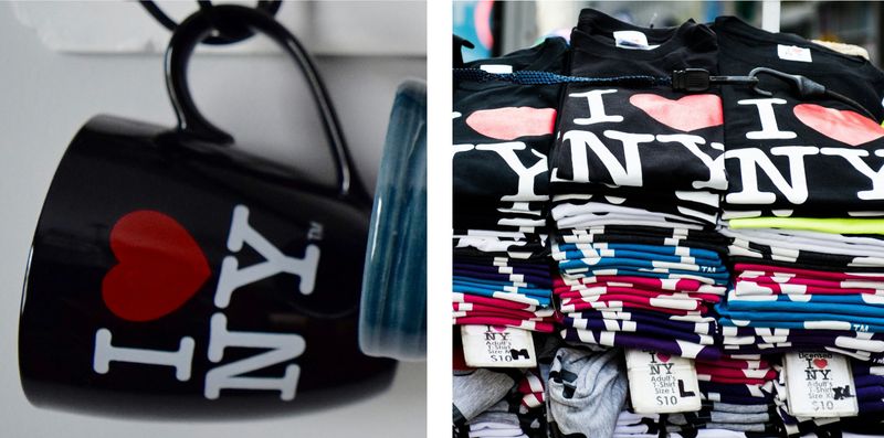 A ceramic mug and t-shirts branded with 'I Love NY'.