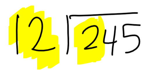 If your divisor has more than one digit, focus on the whole number. Here, focus on the 12 and the 2 from 245.