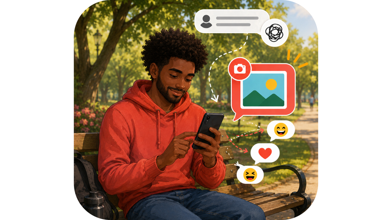 A young man sends an image after receiving a dry text that prompts emoji reactions.