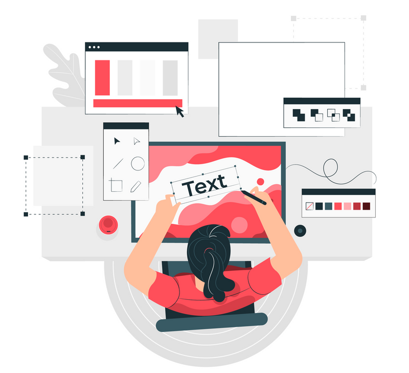 Illustration of woman in red shirt seated at desk working with graphic design software. 