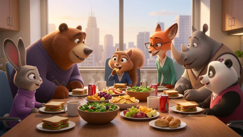 Animal characters are listening to a story while having lunch in the work lunchroom.