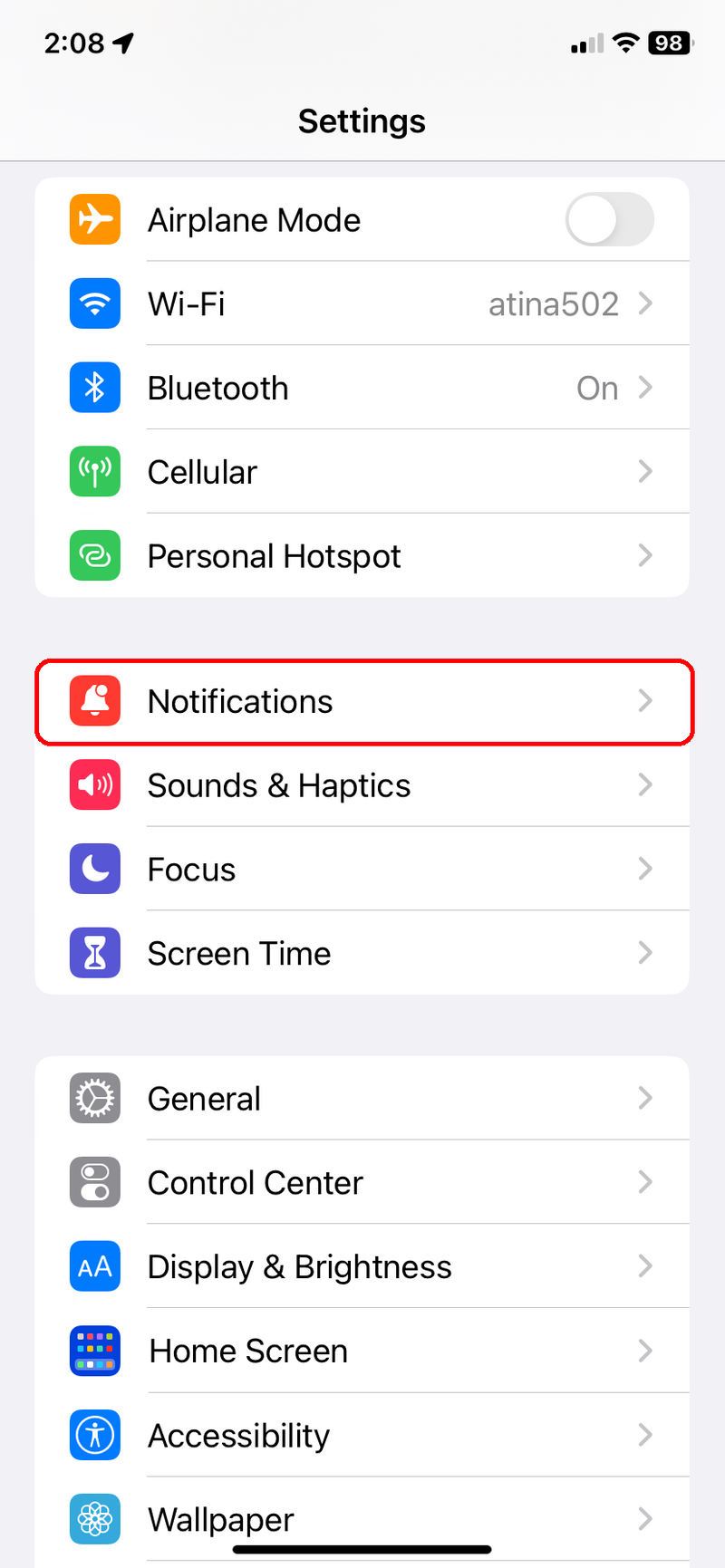 Settings menu with Notifications hightlighted.