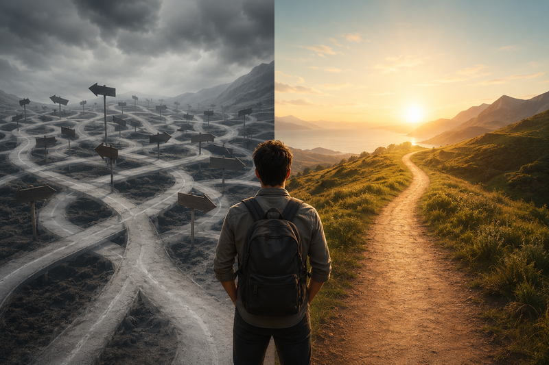 A silhouette of a young man wearing a backpack, looking towards two possible paths.