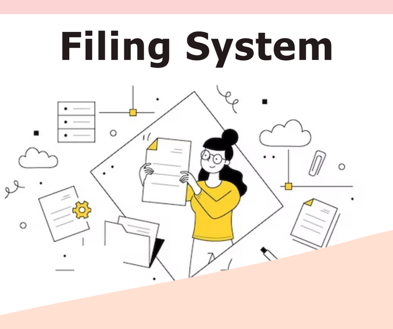 Illustration of woman holdig a paper. Documents, files, etc. fly areound her. Headling says, Filing System.