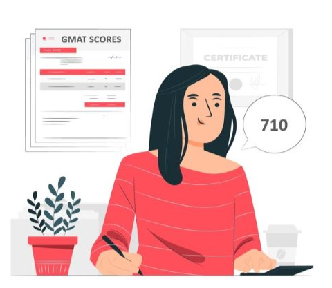 Illustration of female setting with pen in hand using a calculator, images of GMAT score papers and certificate in background