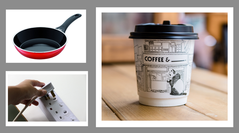 Collage of three images - red frying pan, white extension strip with plug, and Styrofoam coffee cup with plastic lid.