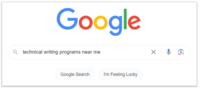 A Google search of 'technical writing programs near me'.