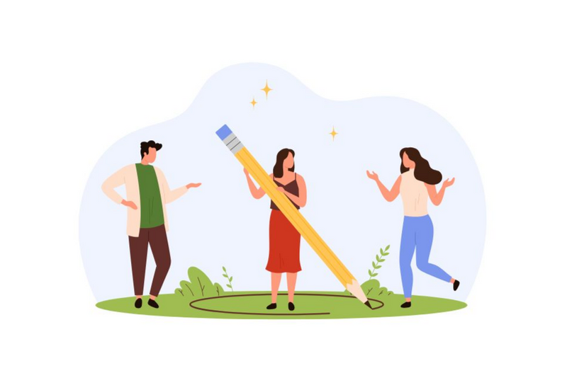 Three people stand beside each other. A woman in the middle draws a circle around herself with a giant pencil.