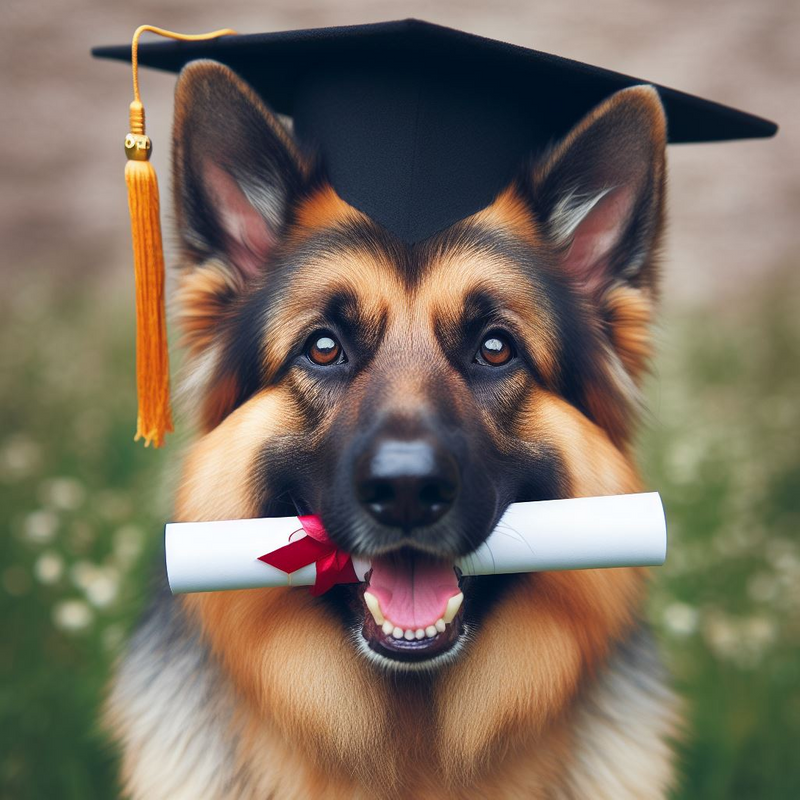 A German shepherd wearing a graduation mortarboard and holding a diploma in its mouth.