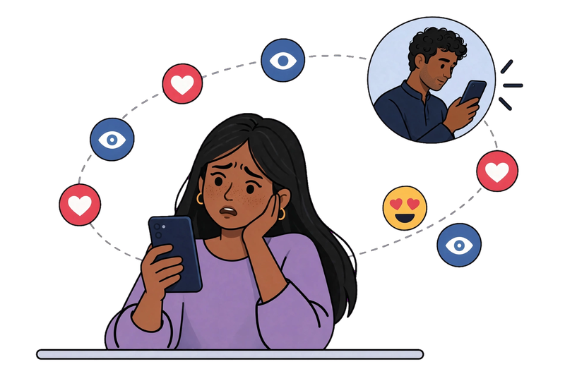 A confused woman looks at her phone while hearts and eye icons orbit her. A man in the background watches her social media.