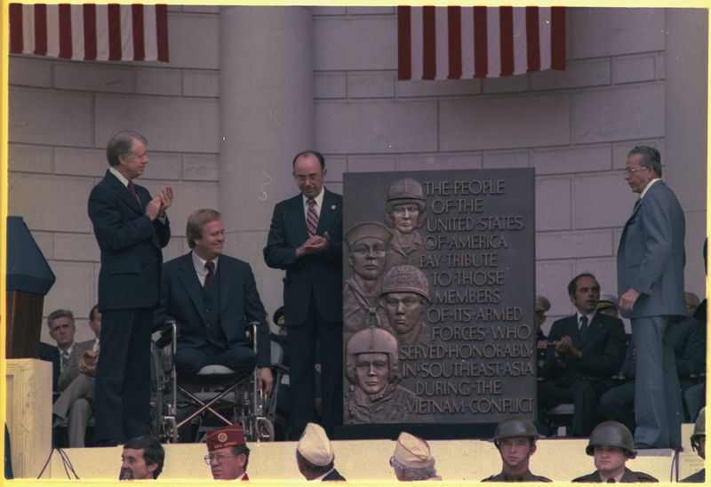 President Carter oresiding over a dedication ceremony for servicepeople who fought in Vietnam.