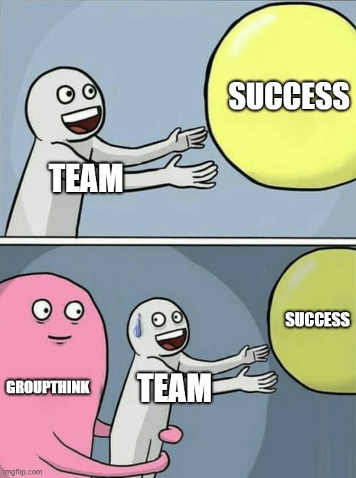 A cartoon character labelled 'team' reaches for a ball labelled 'success' but a character labelled 'groupthink' thwarts it.