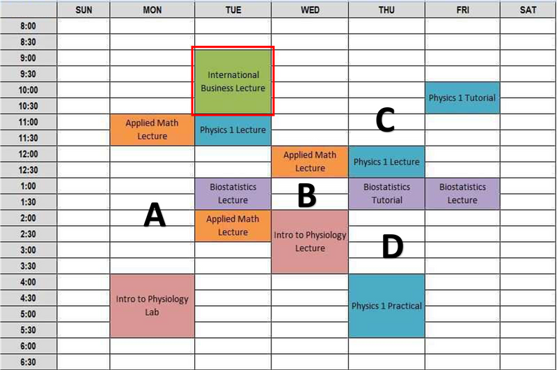 Kari's  Sample Schedule with colour coded lessons and classes spread out from Monday to Friday. 