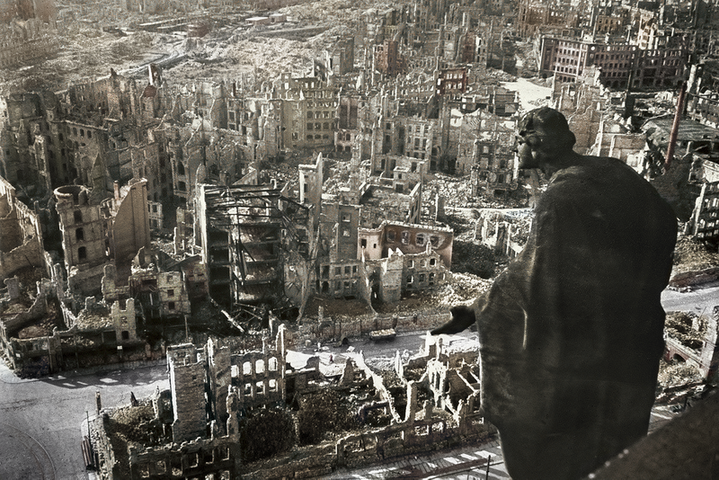 The German city of Dresden in ruins after a bombing campaign.