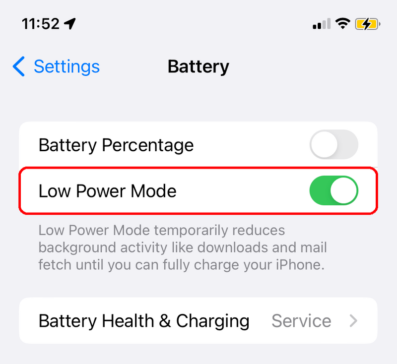 iPhone Settings >
         Battery with Low Power Mode toggle highlighted.