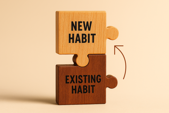 Two puzzle pieces stacked together, with Existing Habit at the bottom and New Habit on top. A curved arrow points upward.