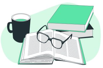 Illustration of reading glasses laying on top of an open book next to a coffee mug and other books.