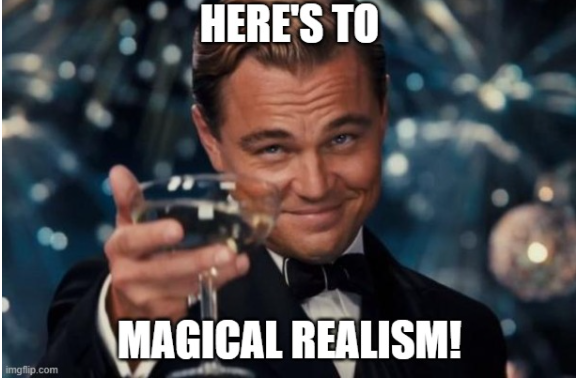 Leo Dicaprio holding a champagne glass with the text: "Here's to Magical Realism!" on the image.