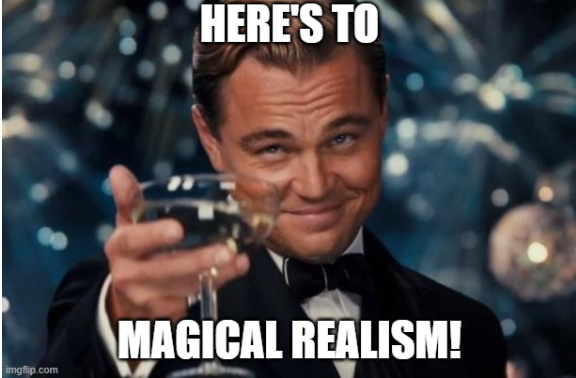 Leo Dicaprio holding a champagne glass with the text: &apos;Here's to Magical Realism!&apos; on the image.