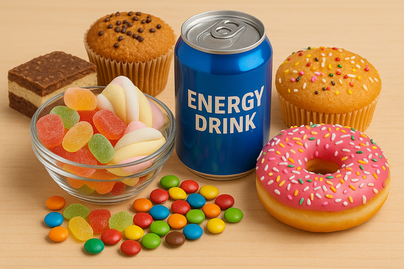 Candy, cupcakes, and energy drinks.