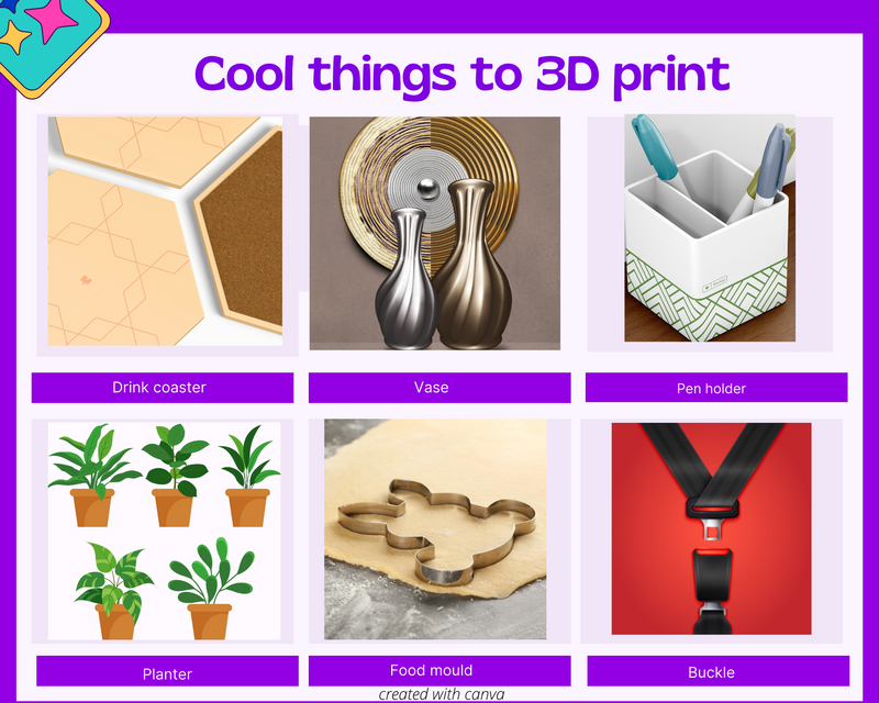 Cool things to 3D print: drink coaster, vase, pen holder, planter, food mould, buckle