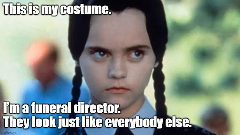 Wednesday Addams stares creepily, saying 'This is my costume. I'm a funeral director. They look just like everybody else.'