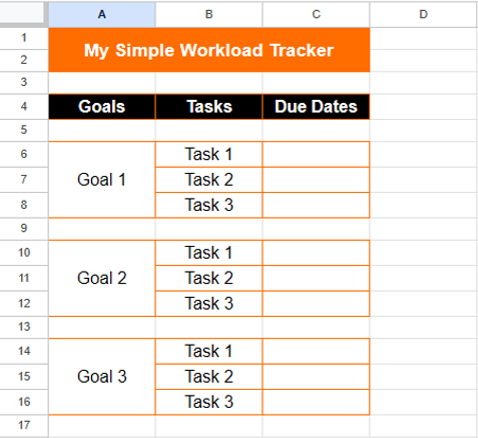 A three column tracker (Goals, tasks, and due dates) using Google sheets.