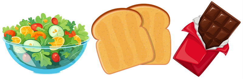 A bowl of salad, two pieces of toast, and a chocolate bar.