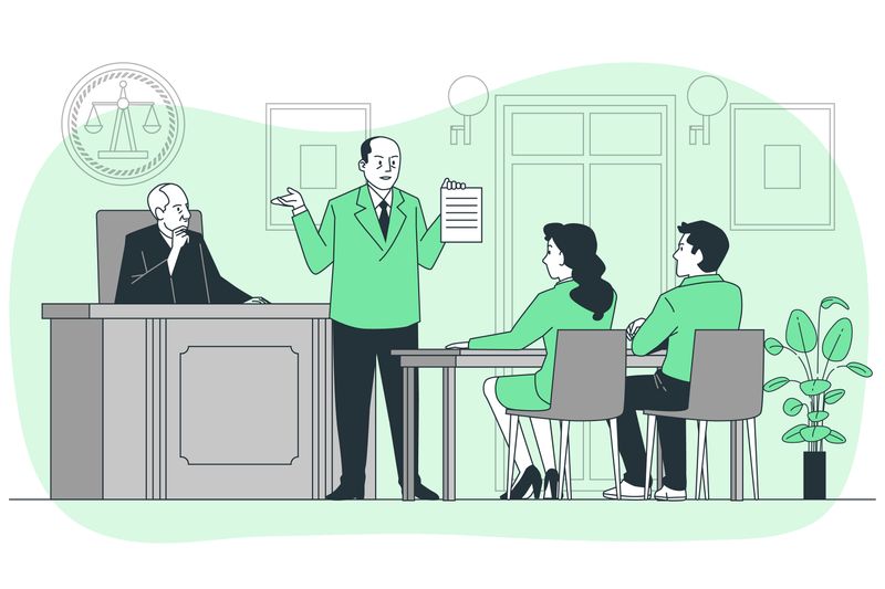 An illustration of a defence lawyer presenting a case in front of a judge.