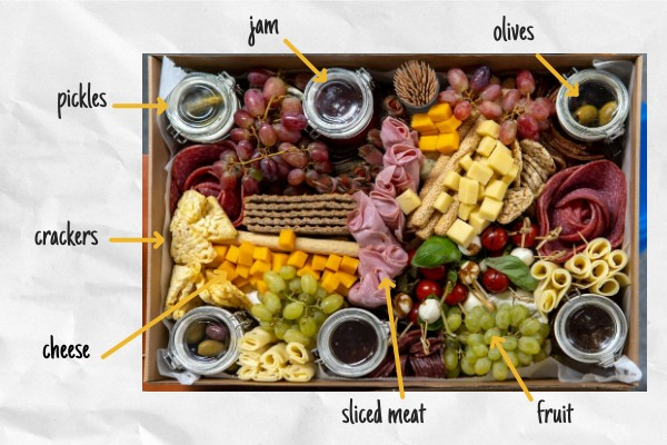 A charcuterie board. Audio description available below image. 